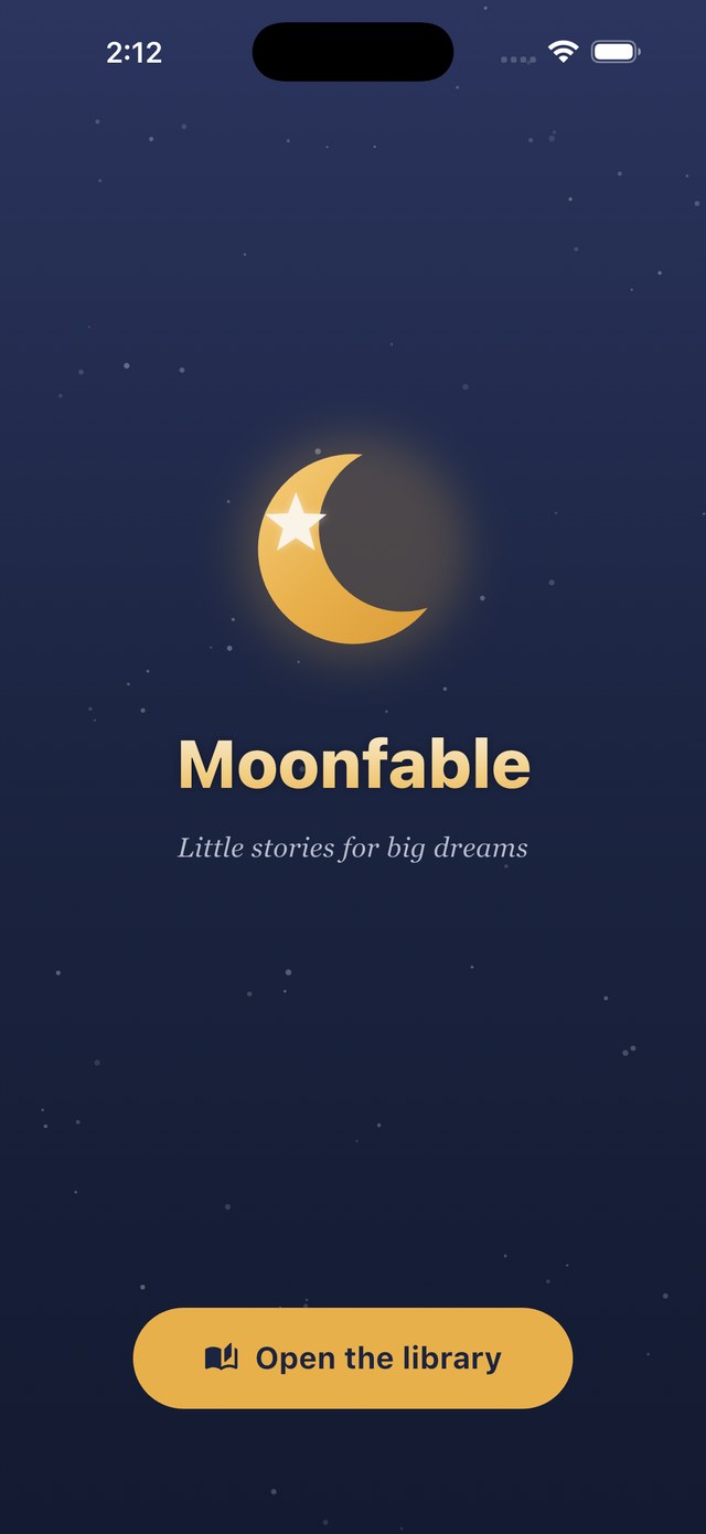The MoonFable opening screen: a glowing crescent moon over a night sky