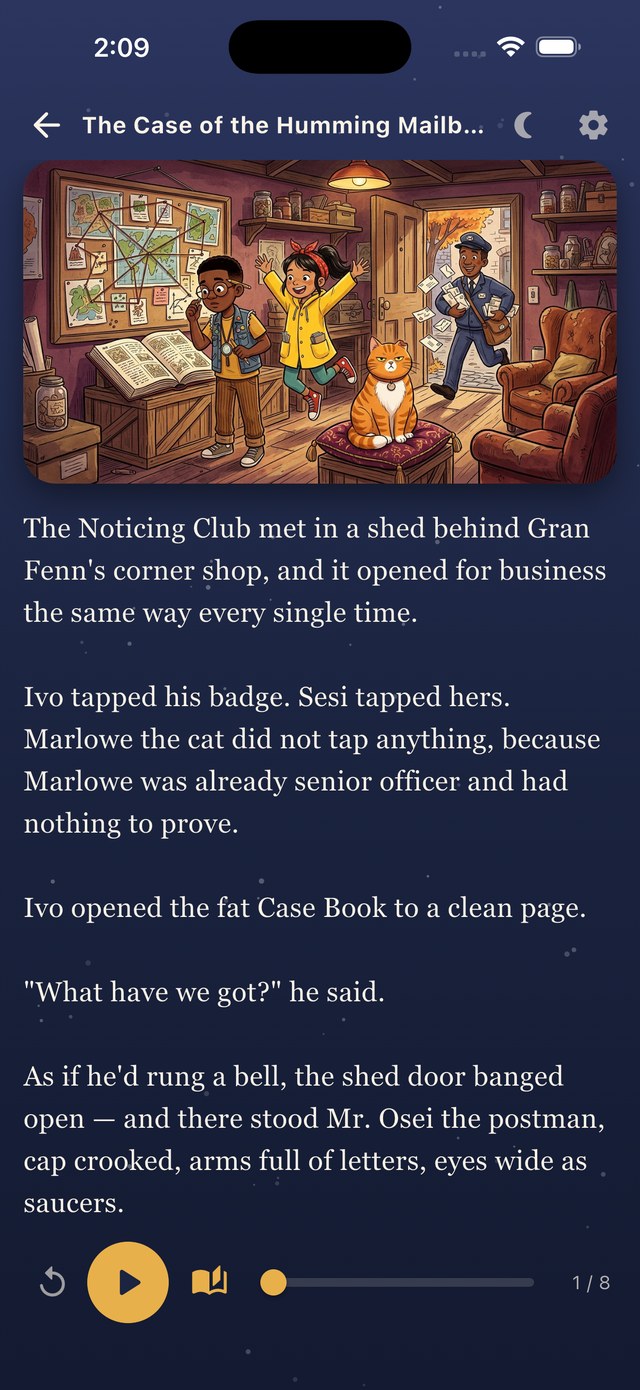 Reading a chapter with a full-width illustration and narration controls